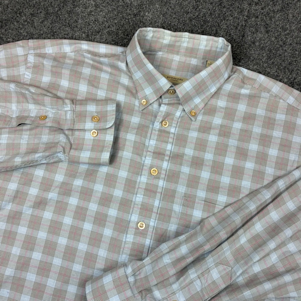 Burberry London Mens Large Plaid Button Down Shirt Blue Pink Tan Made in USA